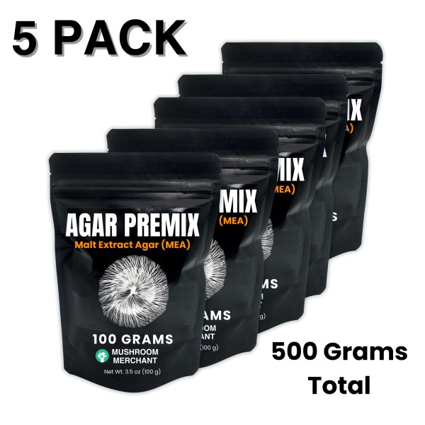 Five black bags containing agar premix for mushrooms.