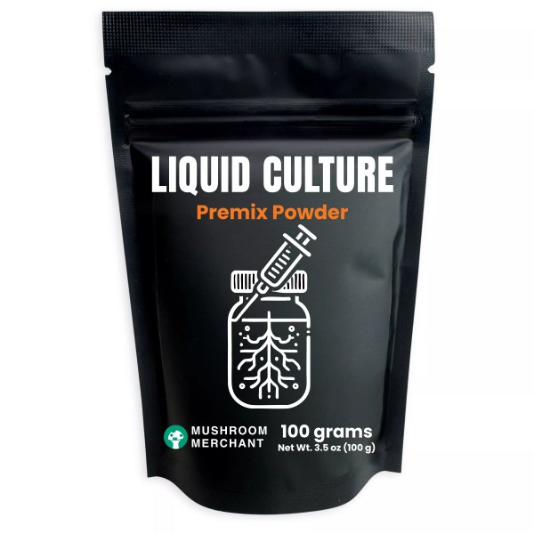 liquid culture premix powder in a black bag