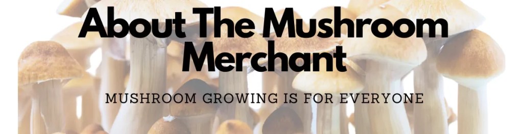 Golden caps demonstrate how to grow mushrooms. A white background is displayed, and the mushroom merchant logo appears above.