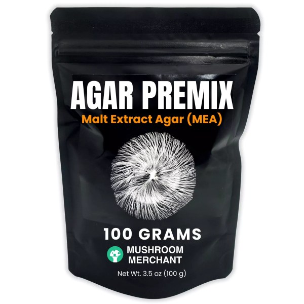 Agar premix in a black bag. A picture of white mycelium contrasts the matte black bag the MEA Premix is contained in.