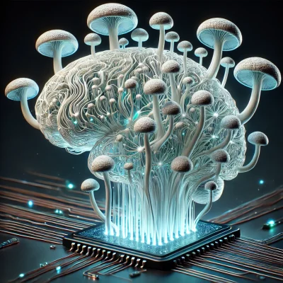 Mycelium network and the brain on a computer chip.