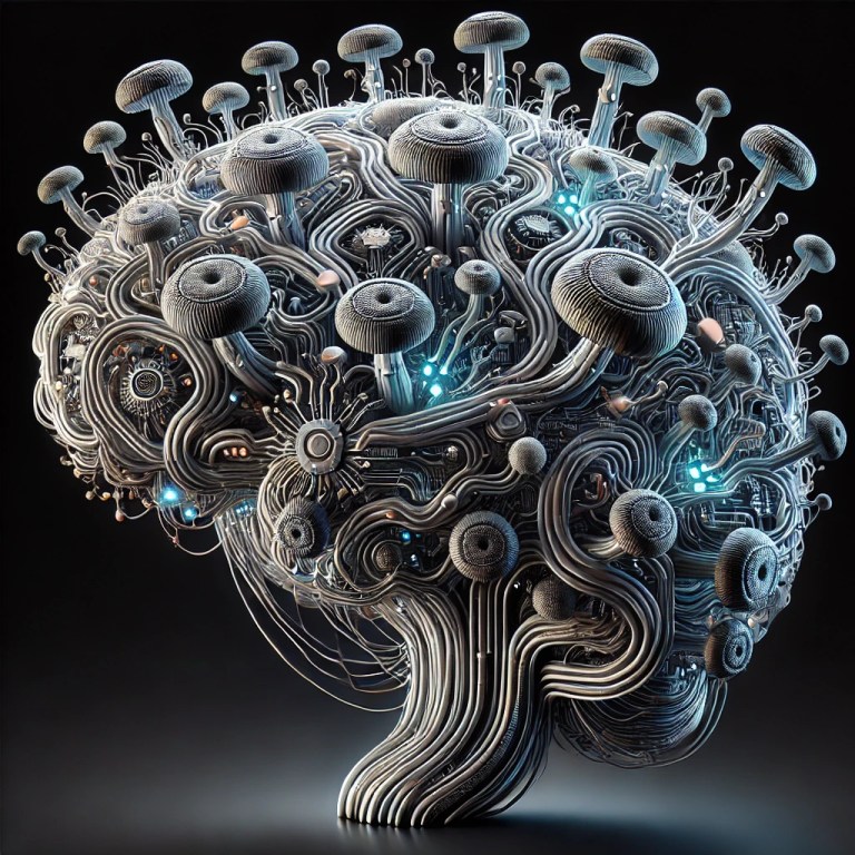 The mycelium network manifested as a brain. The brain stem connects to the black background.