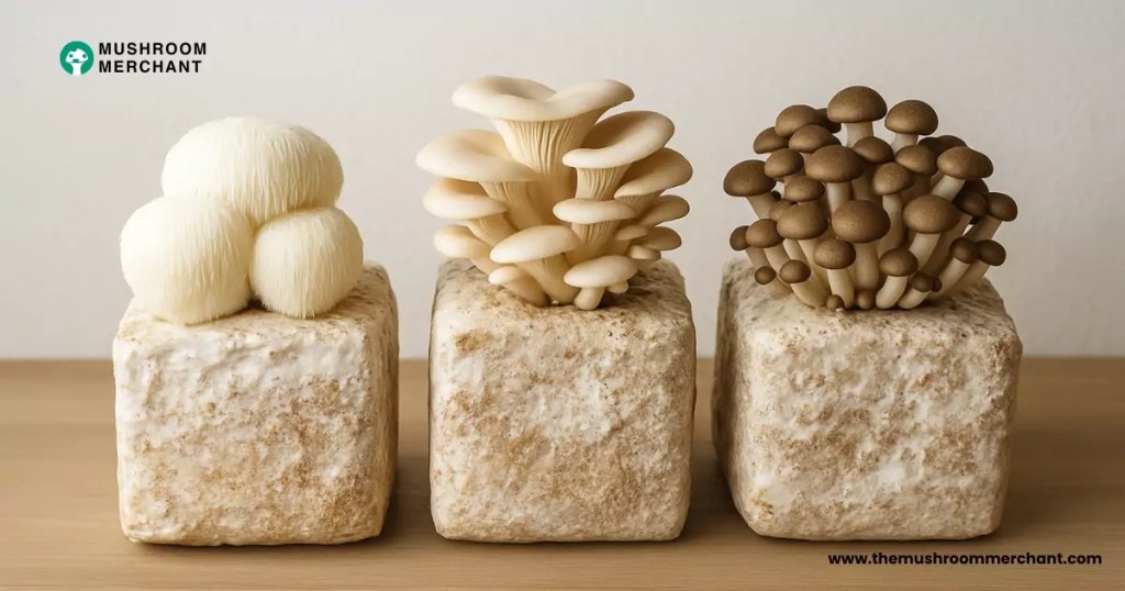 three different types of mushrooms growing from bags